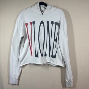 Vlone White Cropped Logo Hoodie Streetwear Graphic Sweatshirt Raw Hem Skater Sm